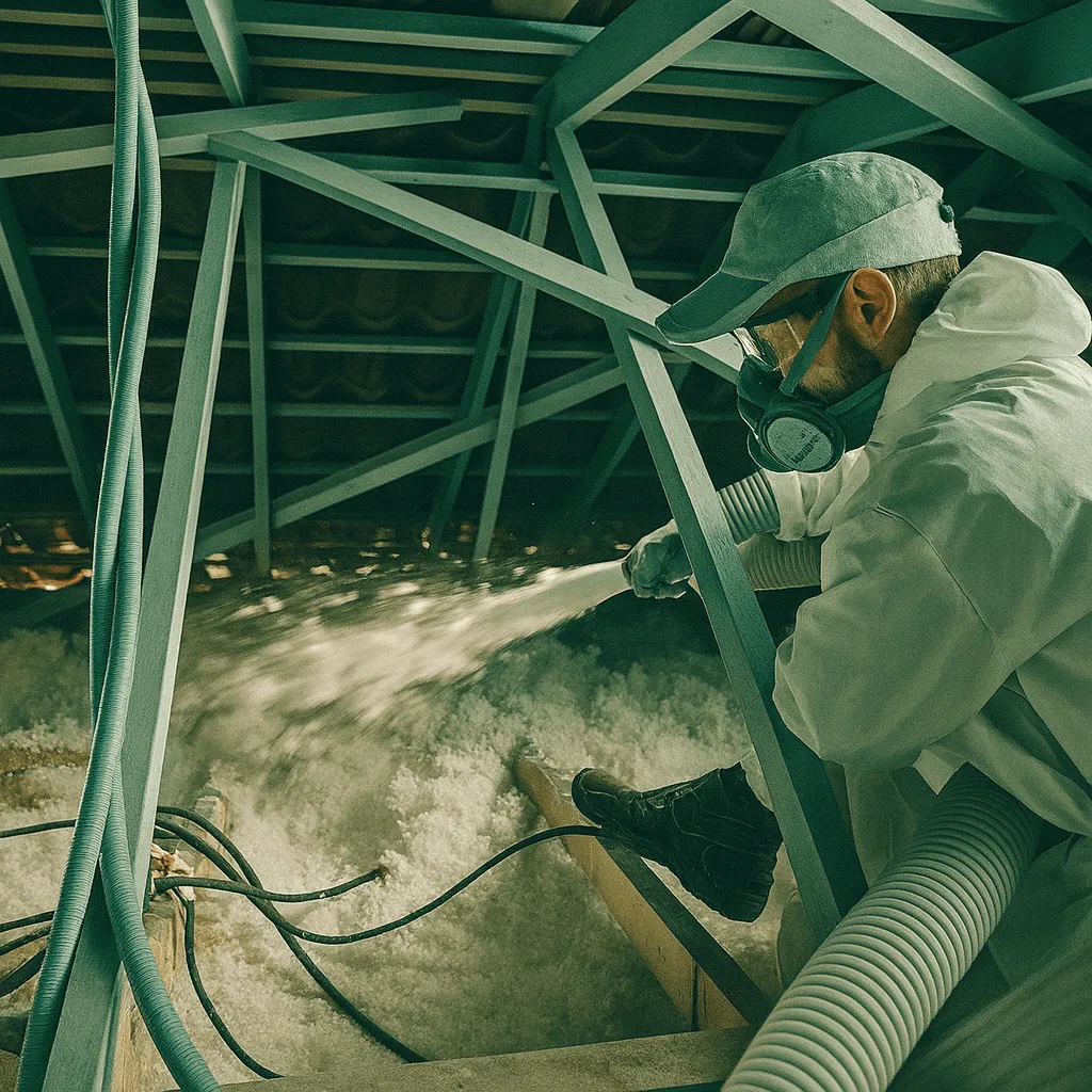 Technicien en combinaison projetant de la laine soufflée dans des combles