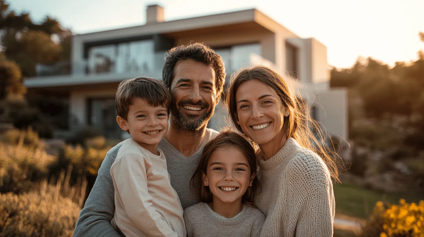 Famille souriante devant une maison contemporaine du Sud, au soleil couchant