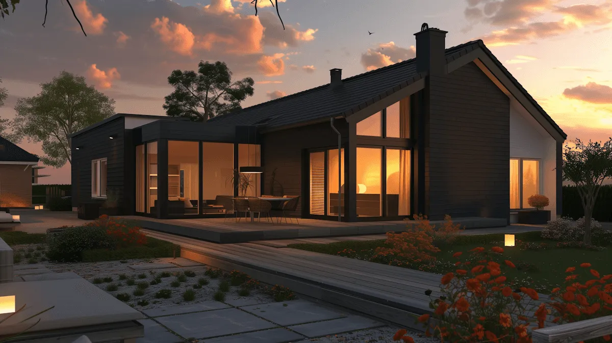 Maison contemporaine éclairée au crépuscule, larges baies vitrées donnant sur un séjour