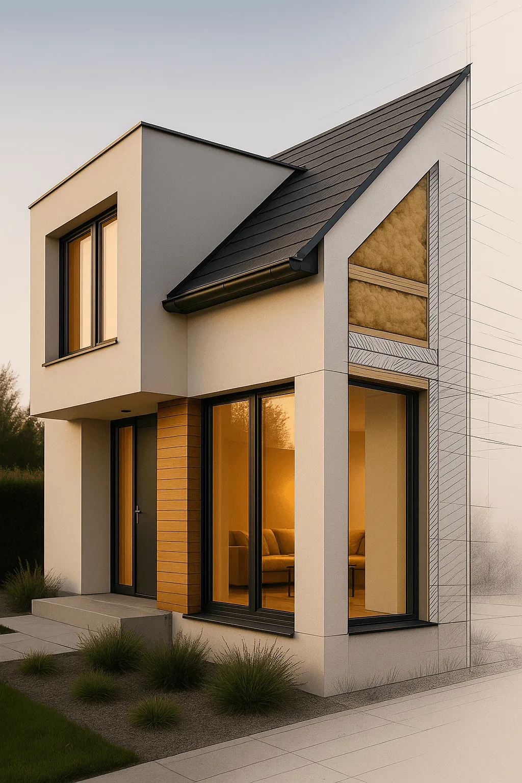 Angle d’une maison individuelle dont la façade est représentée moitié en photo, moitié en coupe technique montrant l’isolation des murs