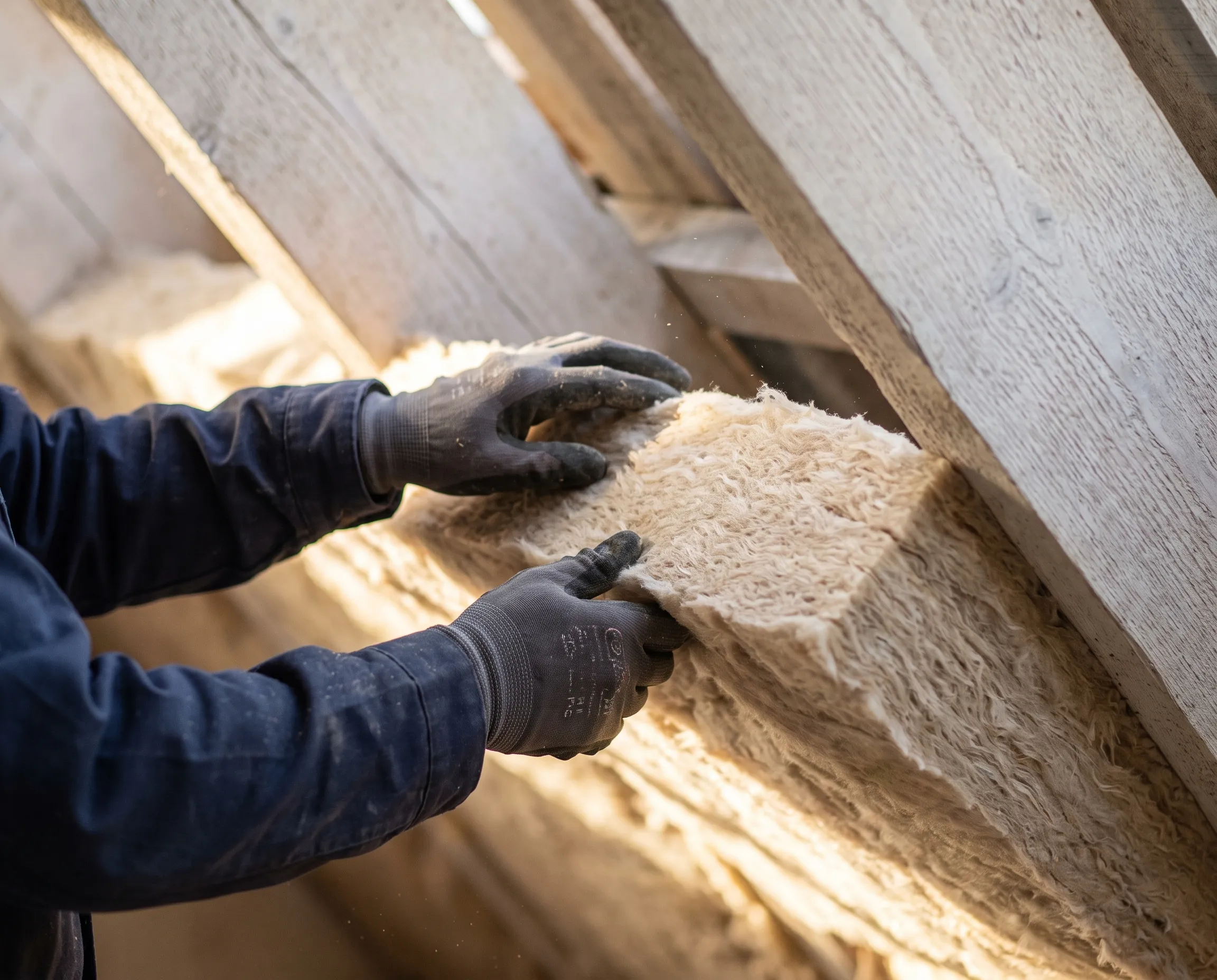 Mains gantées d’un artisan glissant un panneau de laine minérale entre deux chevrons