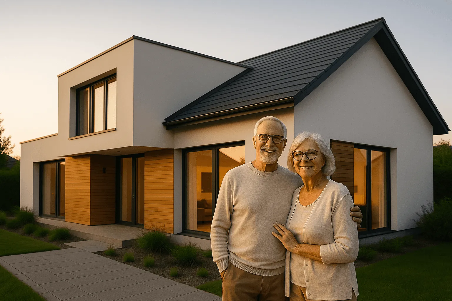 Un couple de personnes âgées souriant devant leur maison rénovée